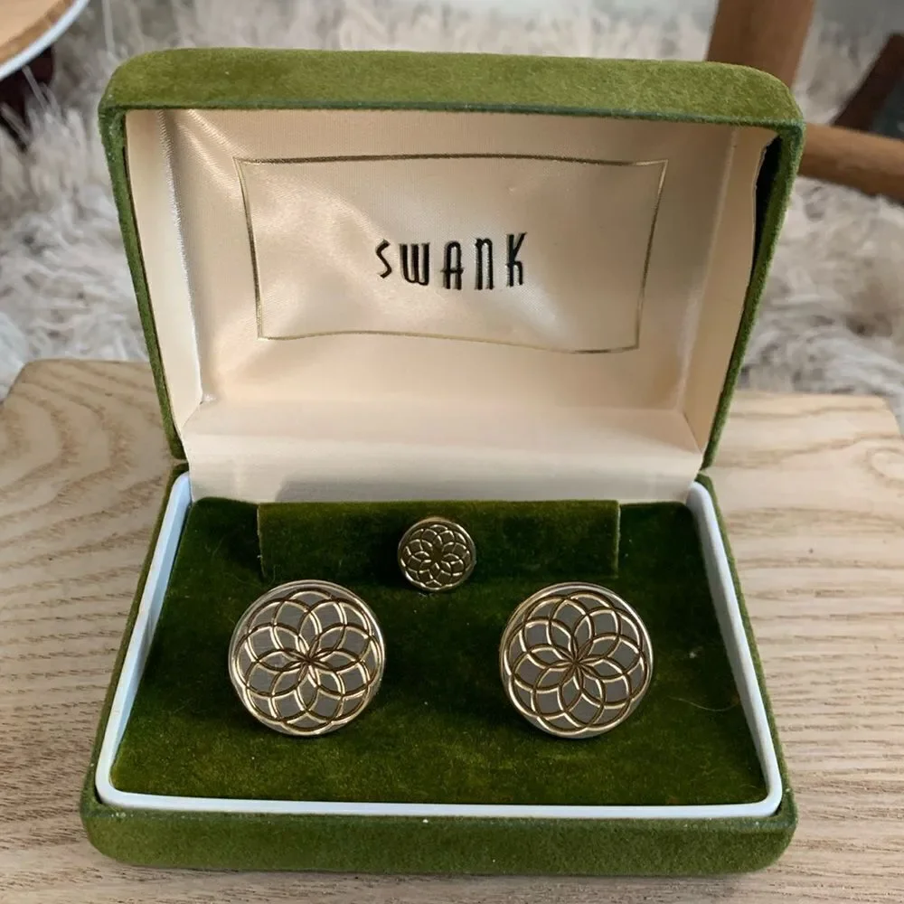 Vintage Swank Gold Tone Geometric Cuff Links & Tie Tack With Original Box